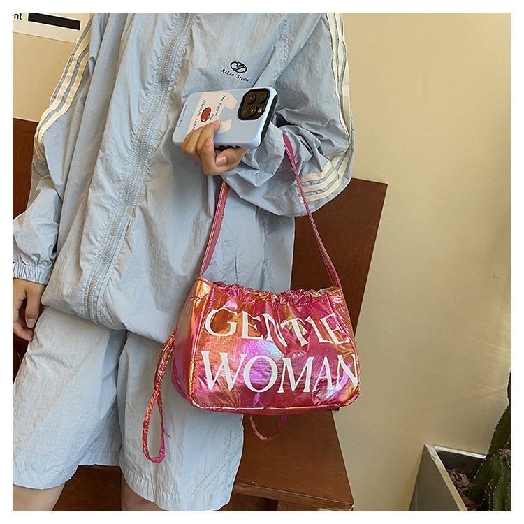 Candy colored new letter printed drawstring shoulder niche design dumpling women's armpit bag_voghion.com