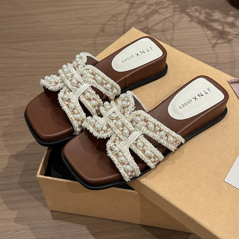 여성을위한 인터넷 연예인 웨지 두꺼운 밑창 슬리퍼 여름 패션 컬러 차단 부드러운 가죽 스퀘어 발가락 진주 캐주얼 요정 스타일 매칭 스커트 샌들