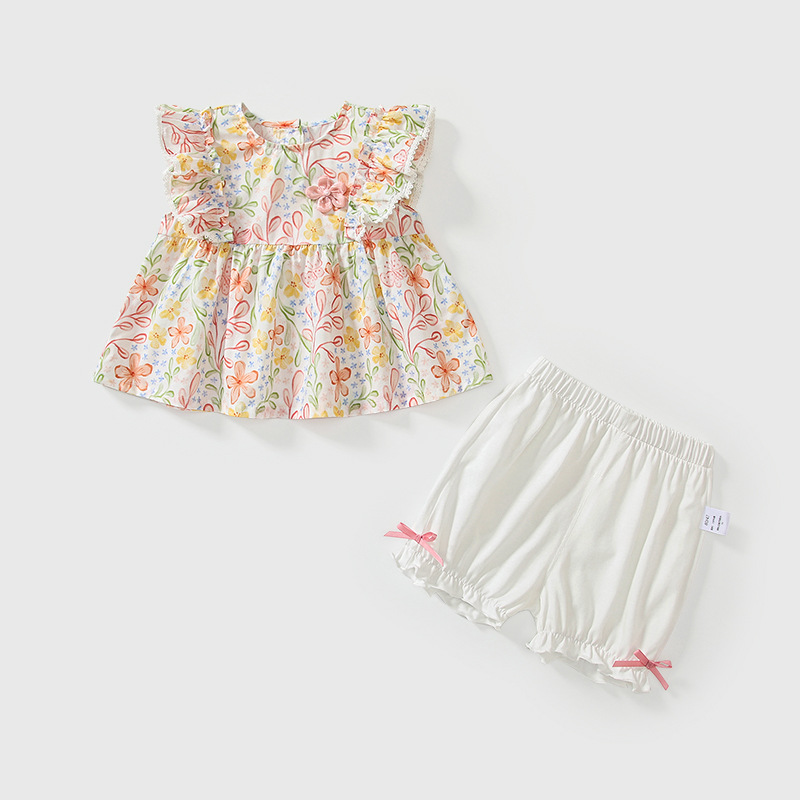 Girls' 2025 New Summer suit Class A Clothes Children's Western Style Top Female Baby Korean Shorts Two-piece Set