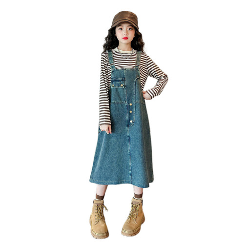  New Arrival Girls' Autumn Outfit Set: Trendy Spring/Summer Dress with Denim Suspender Skirt for Older Kids