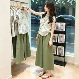 一件代发新中式碎花短袖套装女夏季宽松阔腿裤两件套气质休闲时尚