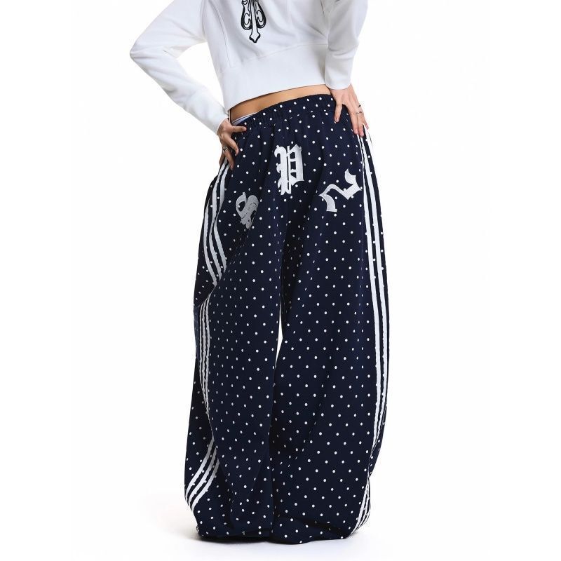 Gothic-Style American-Style Printed Polka Dot Casual Sweatpants with Tight Waist and Drawstring, Street-Style Versatile Floor-Length Sports Straight-Leg Wide-Leg Pants Gothic-Style American-Style Printed Polka Dot Casual Sweatpants with Tight Waist and Drawstring, Street-Style Versatile Floor-Length Sports Straight-Leg Wide-Leg Pants