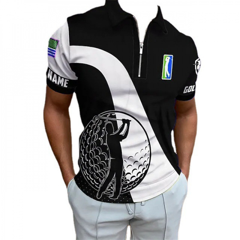 Pod Foreign Trade Independent Site Cross-Border Men's Zip-Up Short-Sleeve Polo Shirt with Golf Print, Online Shipping Pod Foreign Trade Independent Site Cross-Border Men's Zip-Up Short-Sleeve Polo Shirt with Golf Print, Online Shipping