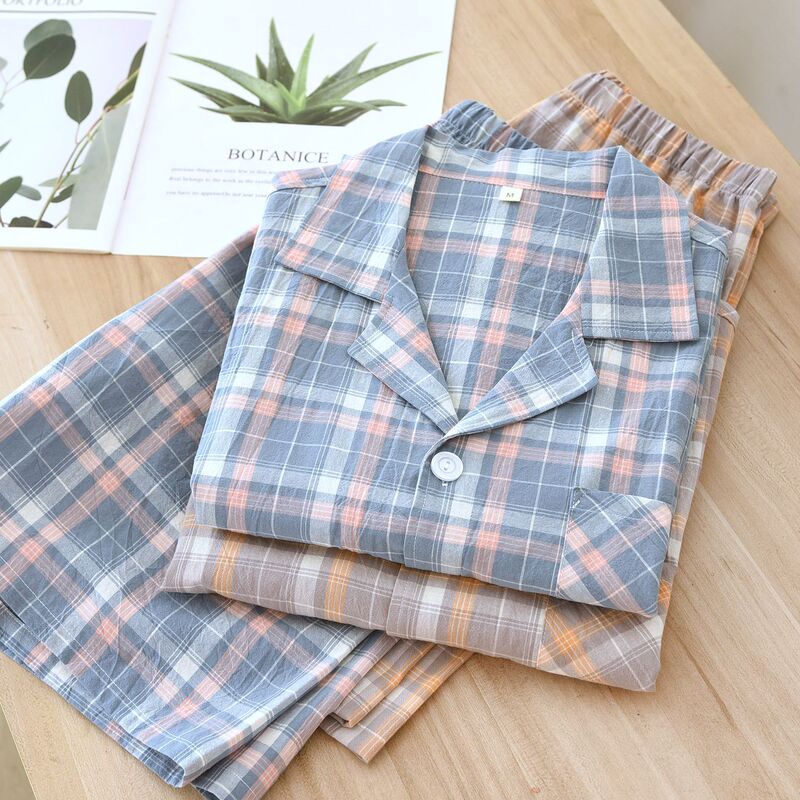 Summer Men's Pajamas Pajamas Thin Short-sleeved Shorts Cotton Home Simple Plaid Style Washed Plain Cloth Cotton Set New Arrival