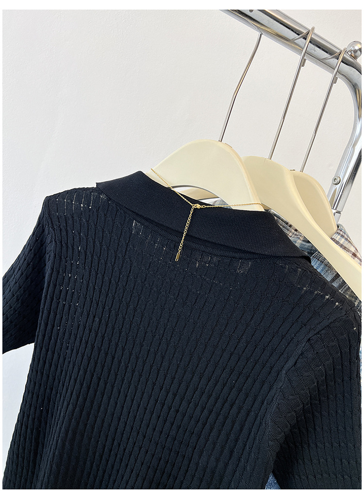 Elegante t-shirt da donna in maglia a trecce con collo a revers_voghion.com