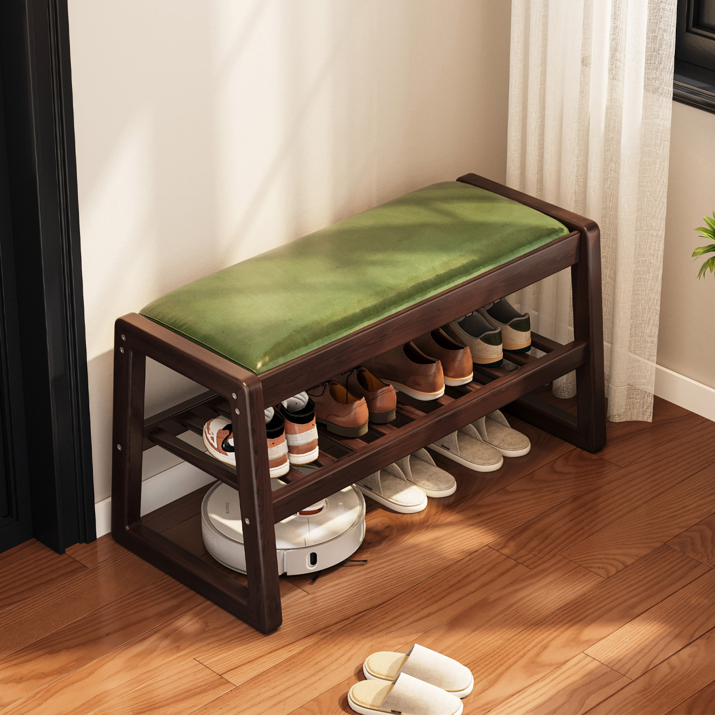 Taburete de cambio de zapatos, estante de zapatos integrado para el hogar, taburete largo de entrada, lujo ligero, sensación de alto nivel, asiento, almacenamiento de bolsas blandas.