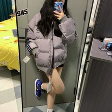 大码美式复古条纹印花立领棉服外套女冬季新款宽松休闲加厚面包服