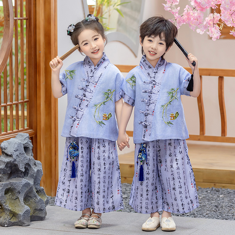 Men and Women's New Chinese Style Class Uniforms for Primary School Summer Short Sleeve Hanfu Sets for the Dragon Boat Festival Ancient Costume Performance Clothes Sibling Set