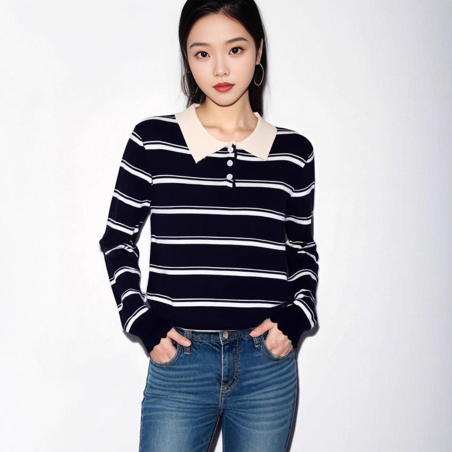 韩系学院风针织衫女秋季新款个性条纹复古设计感显瘦百搭时尚上衣