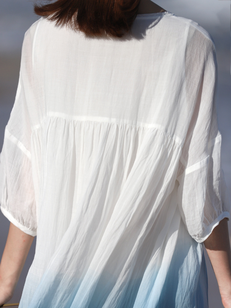 2024 Summer Loose Plus-Size Robe, Chinese Style Gradient Lightweight Ramie Zen Tea Dress, Double-Layered Large Hem Skirt_ecoleips.com