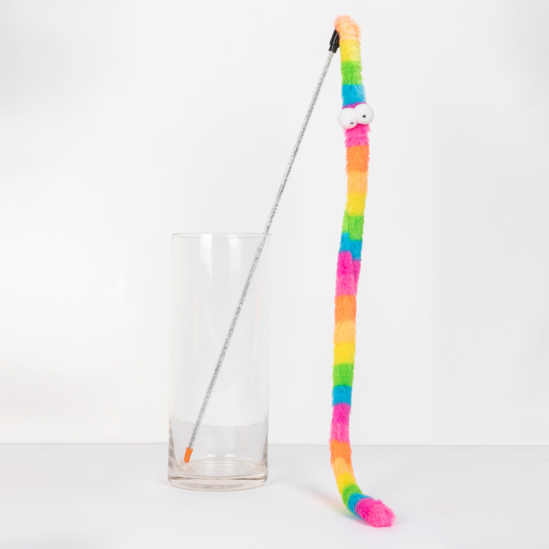 Divertido gato palo en stock al por mayor de cuero Taobao franela Arco Iris serpiente color largo terciopelo tira divertido gato palo gato juguete para mascotas