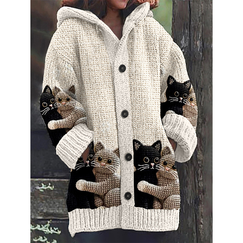 2025 Amazon Independent Station Women's Animal Cat Print Hooded Cardigan