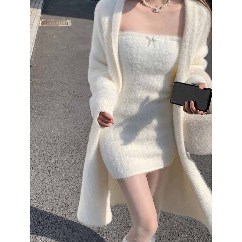 Dating two-piece suit skirt in winter sweet age-reducing pure and sexy fluffy strapless skirt + mink fur cardigan jacket for women