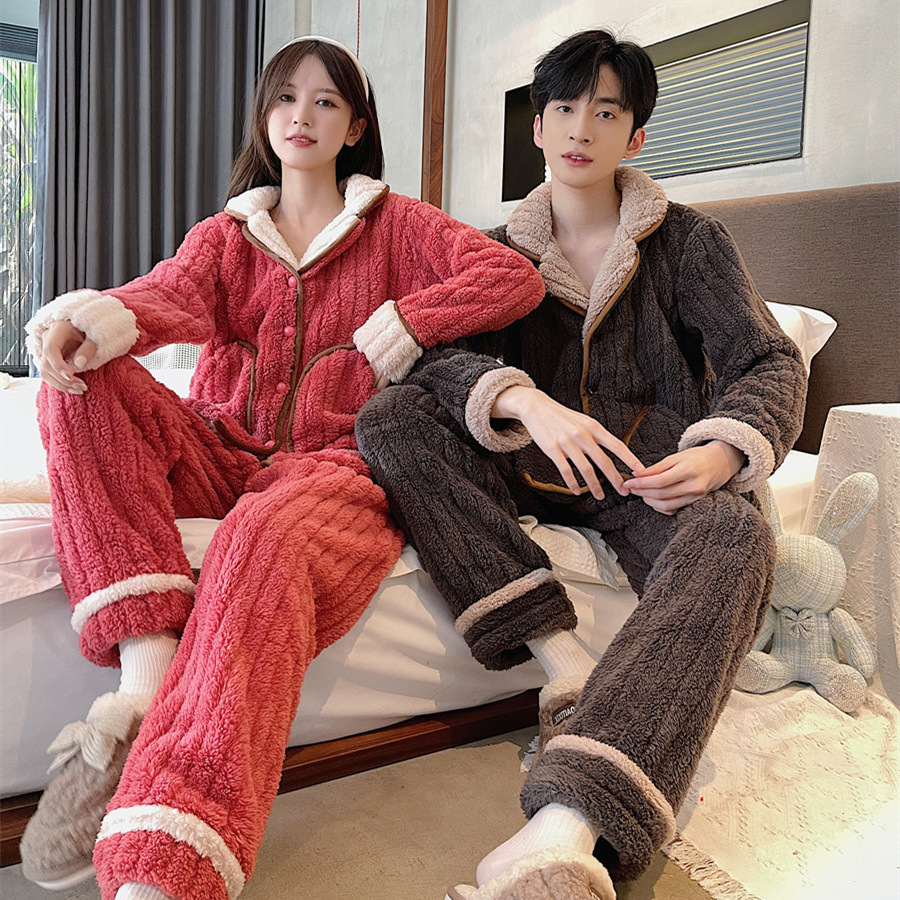 Thickened new winter couple pajamas men and women coral velvet set pajamas cardigan couple's home wear can replace hair