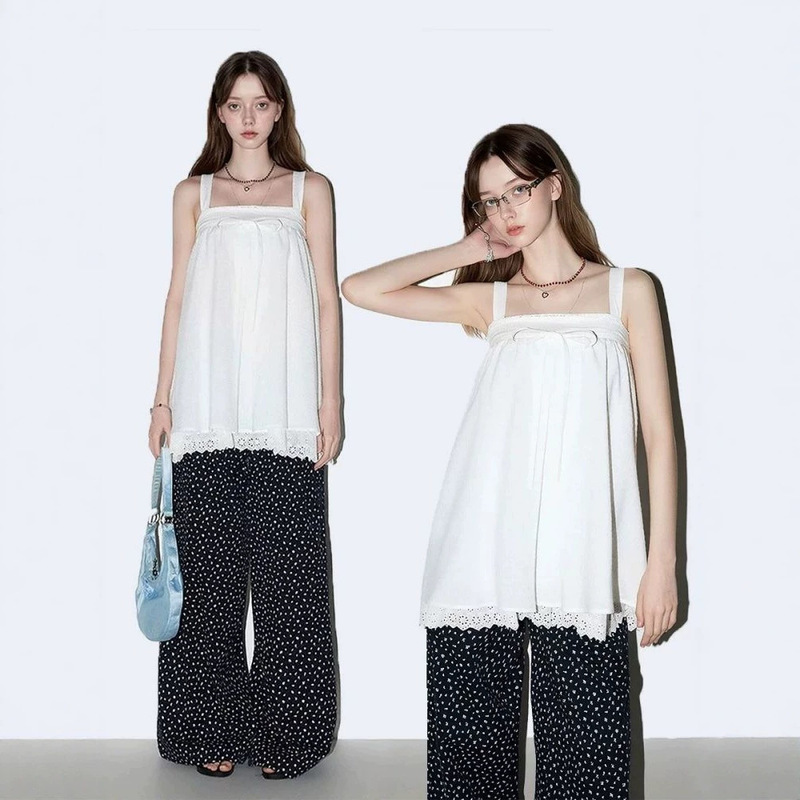 American Retro Resort Style Lace-Trimmed Top for Women, Summer Pure Desire Loose Casual Simple Sleeveless Off-Shoulder Strap Dress