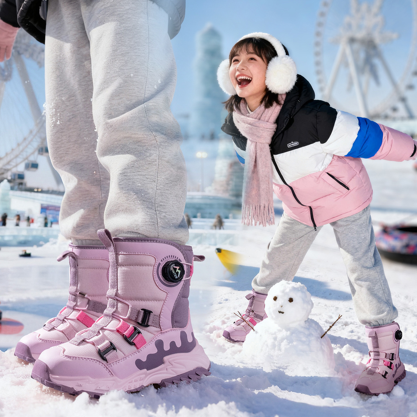 Boys' Harbin Waterproof Children's Snow Boots, Northeast Girls' Anti-Ski Boots, Thickened Warm Cotton Shoes for Older Children