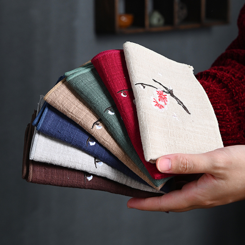 双层棉麻茶巾吸水茶巾刺绣梅花亚麻茶巾中国风茶艺茶盘抹布茶道批