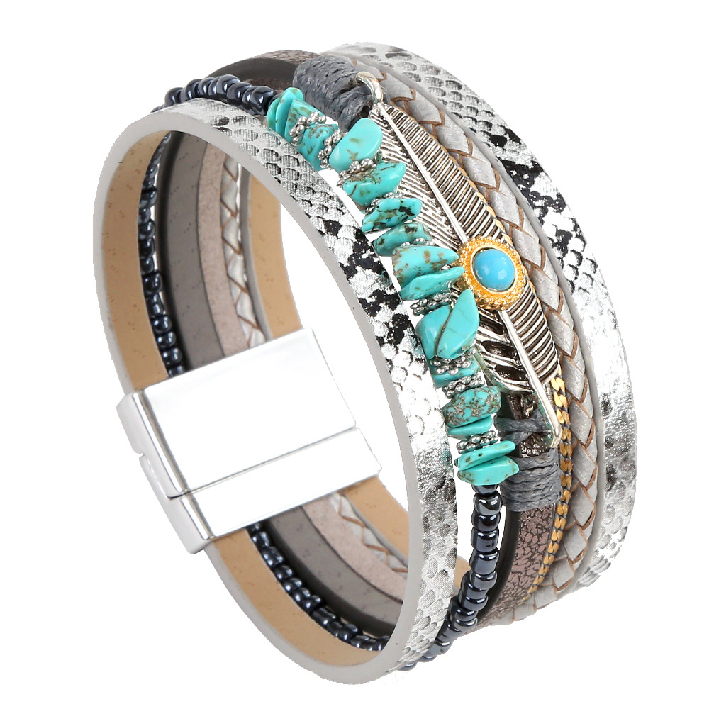 Leather Beaded Bracelet With Boho Feather And Turquoise Charm_voghion.com