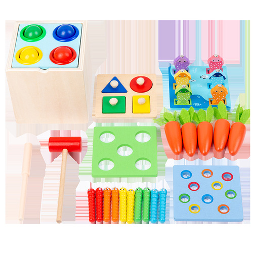 New product for young children, wooden five-in-one multi-function knocking ball game, baby pulling carrots, fishing and catching insects, educational toys
