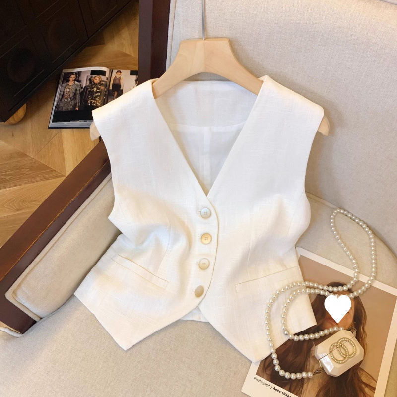 Old Money Style Linen Vest Women's Wide-Leg Pants Suit Relaxed Short Summer Thin Vest Jacket White