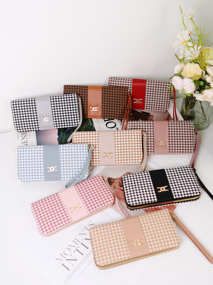 Etiqueta transfronteriza nueva billetera de mujer de pata de gallo billetera larga con estampado de cremallera billetera de moda bolso de tarjeta de teléfono móvil