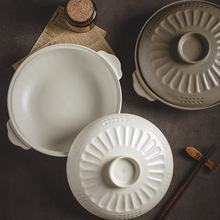 粗陶手工日式湯碗純色簡約大面碗帶蓋雙耳大容量烤盤陶瓷餐具