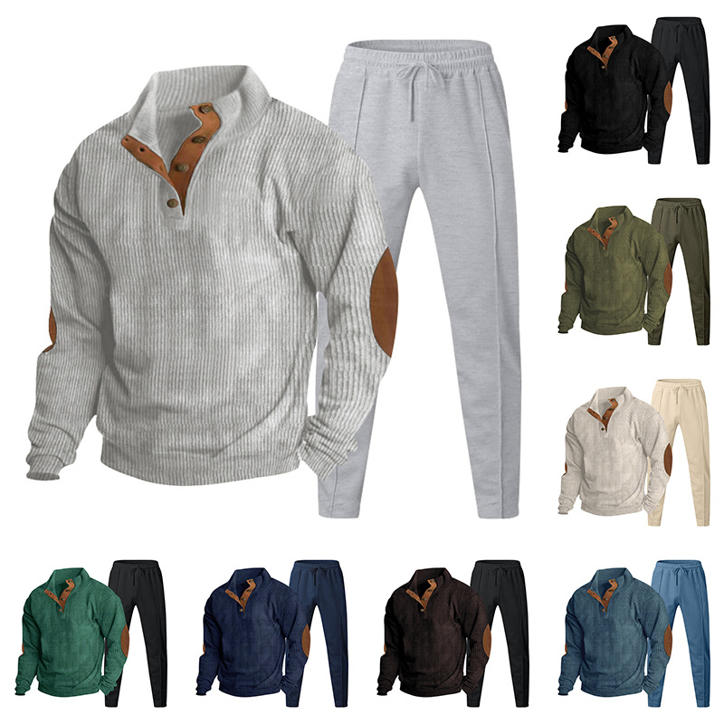 Abbigliamento da uomo casual, completo con pantaloni e felpa in velluto a coste con colletto alto e maniche lunghe_voghion.com