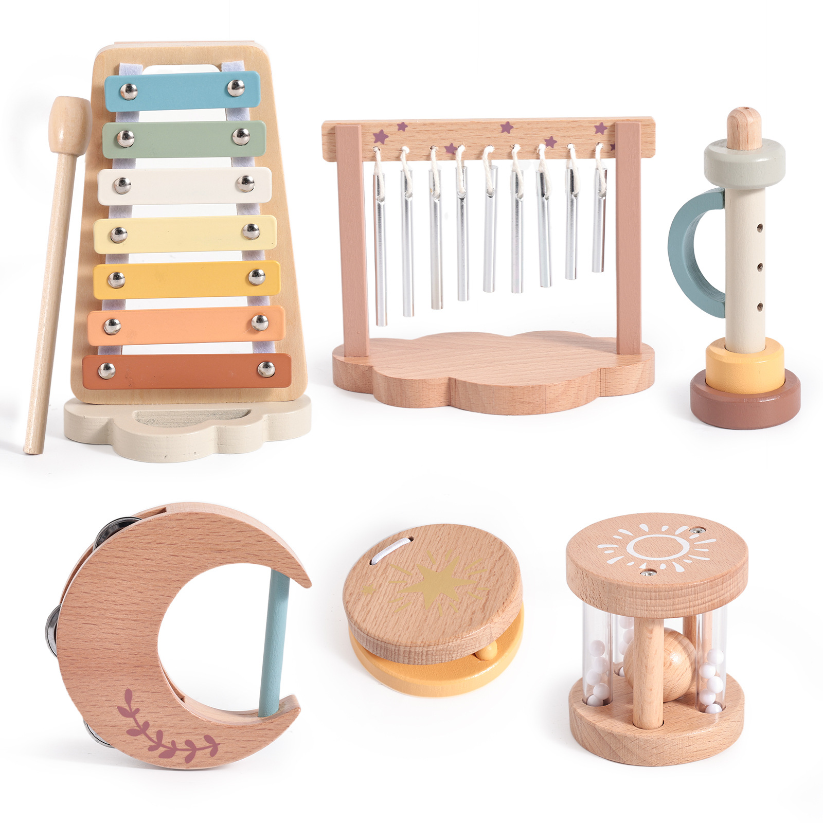 Orff Instrumentos musicales Juego de 6 piezas Educación temprana para bebés Ejercicio de escucha Alaciamiento de madera Tocar campanillas Juguetes musicales para niños