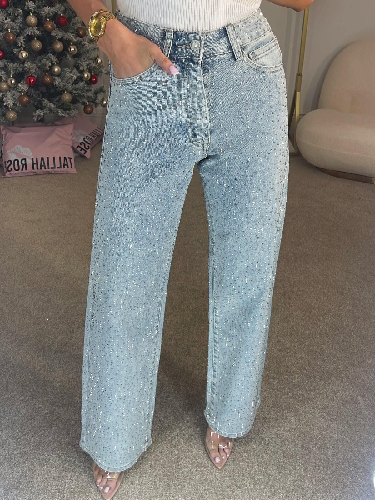 Women's High-Waisted Straight Leg Jeans Full Diamond Washed Denim Loose Fit European And American Style_mkmklike.com