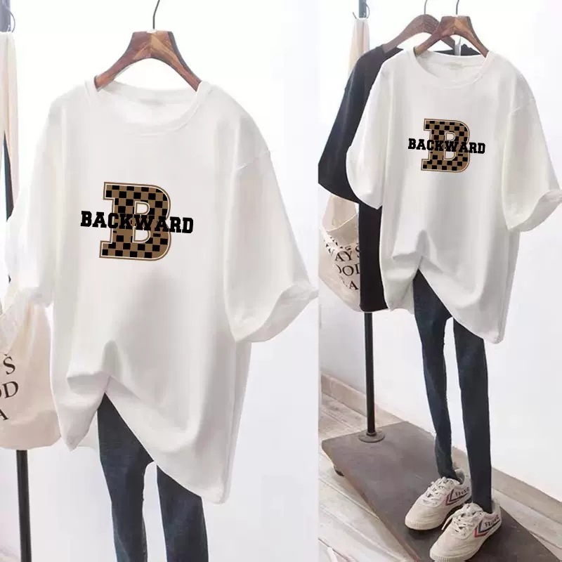 Women's Clothing Pure Cotton Short Sleeve T-Shirt White Loose Fit Mid-Length Fashion Top For Summer_voghion.com