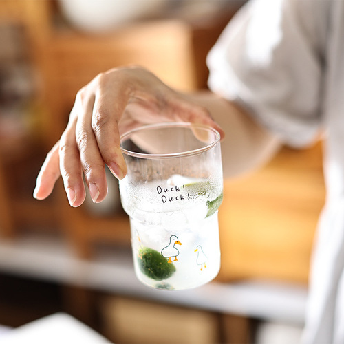 可爱加油鸭耐热玻璃杯早餐牛奶杯子卡通水杯果汁杯透明创意可叠放