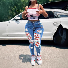 欧美新款性感蜜桃臀红格子贴片破洞紧身休闲时尚弹力跨境牛仔裤