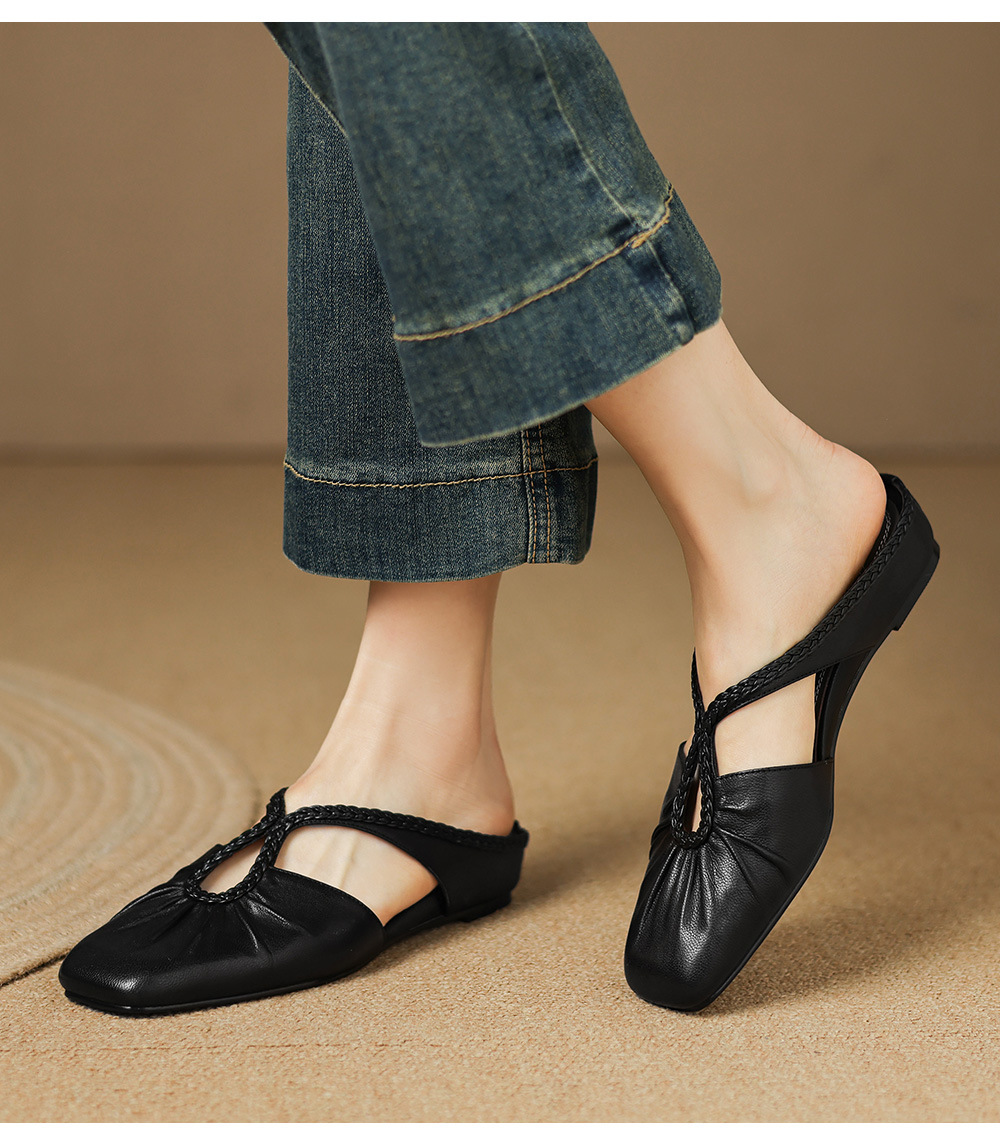 Dép sandal nữ quai chữ V đế bệt mũi tròn phong cách đơn giản — đen chi tiết 15