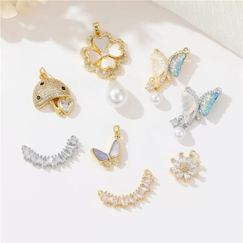 众兴14k保色微镶锆石吊坠diy配饰小众四叶草蝴蝶珍珠项链坠子批发