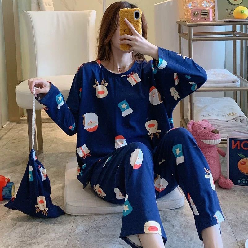 Vintage Christmas Pajamas Women's Long-sleeved Spring and Autumn Lazy Mystery Women's Home Clothes Summer Air-conditioned Room suit