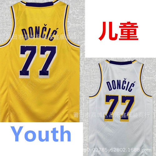 Children's New Lakers 77 Doncic Doncic City Edition Yellow Embroidered Basketball Suit