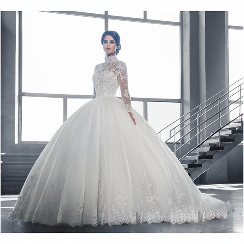 Fashion high collar long sleeve lace sequins bridal wedding dress simple slim backless white trailing light wedding dress Fashion high collar long sleeve lace sequins bridal wedding dress simple slim backless white trailing light wedding dress