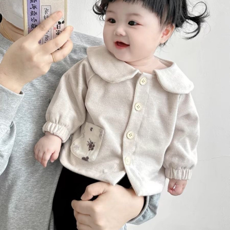 秋装新款女婴娃娃领开衫外套小月龄长袖外出上衣长裤百搭休闲套装