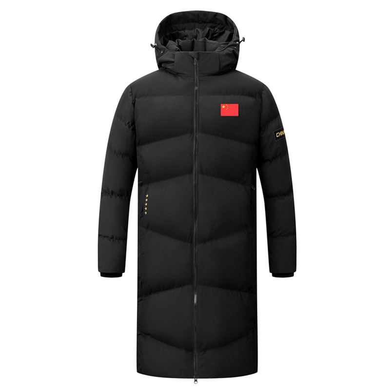 National team sports coat, unisex, long style, over-the-knee length, fleece-lined, suitable for athletes, winter training coat, student group cotton jacket