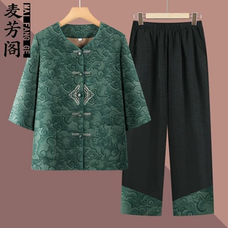 中老年人夏装薄款套装女奶奶夏季复古开衫七分袖两件套老太太衣服