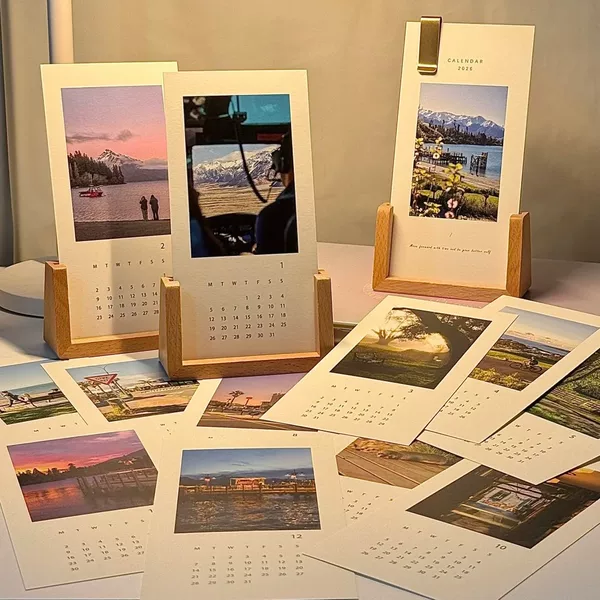 2027 Custom Wooden Desk Calendar with Photo Cards, Artistic Desktop Decoration, U-Shaped Wooden Clip Desk Calendar
