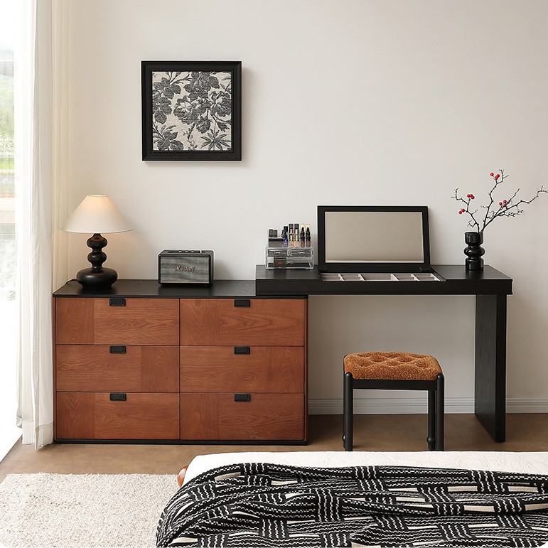 Medieval Style Solid Wood Dresser and Cupboard Integrated Table Retro Black Walnut Bedside Storage Cabinet Corner Retractable Dressing Table
