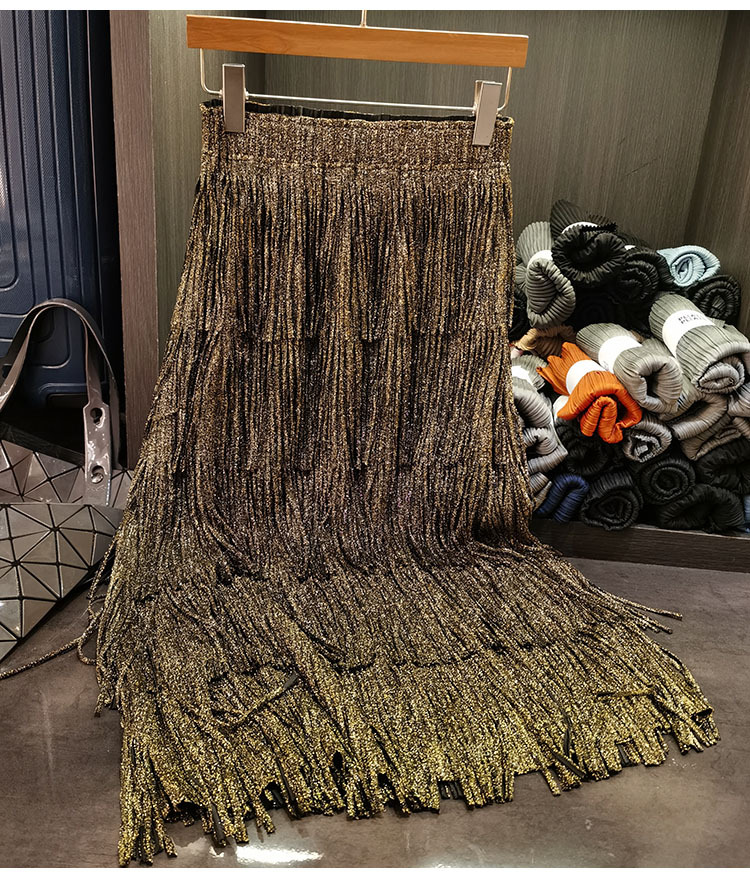 Chân váy xếp ly nữ dáng chữ A dài vừa phải, hiệu ứng bronzing sáng bóng, tua rua — màu xanh vàng, xám chi tiết 8