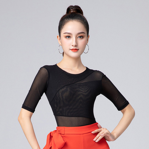 Latin dance clothes tops for women with crotchless new dance clothes mesh national standard body practice clothes with mid-sleeves