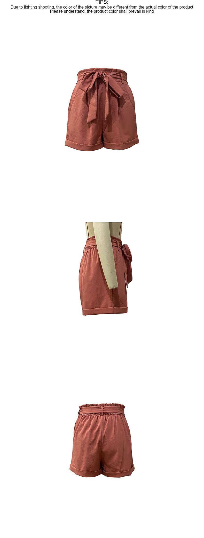 Düz Renk Bağcıklı Yüksek Bel Rahat Elastik Geniş Paça Şort_voghion.com