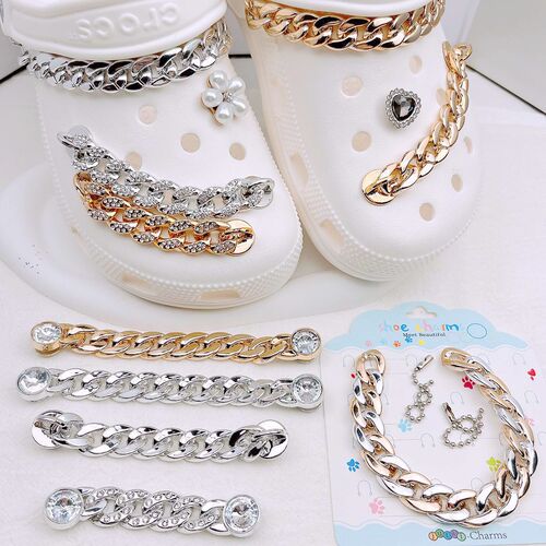 Stylish Slip-On Shoes with Decorative Chain Slides, Cool Ancient Chain with Diamond and Chain Clasp, Head Chain and Slot Chain, Silver and Rose Gold
