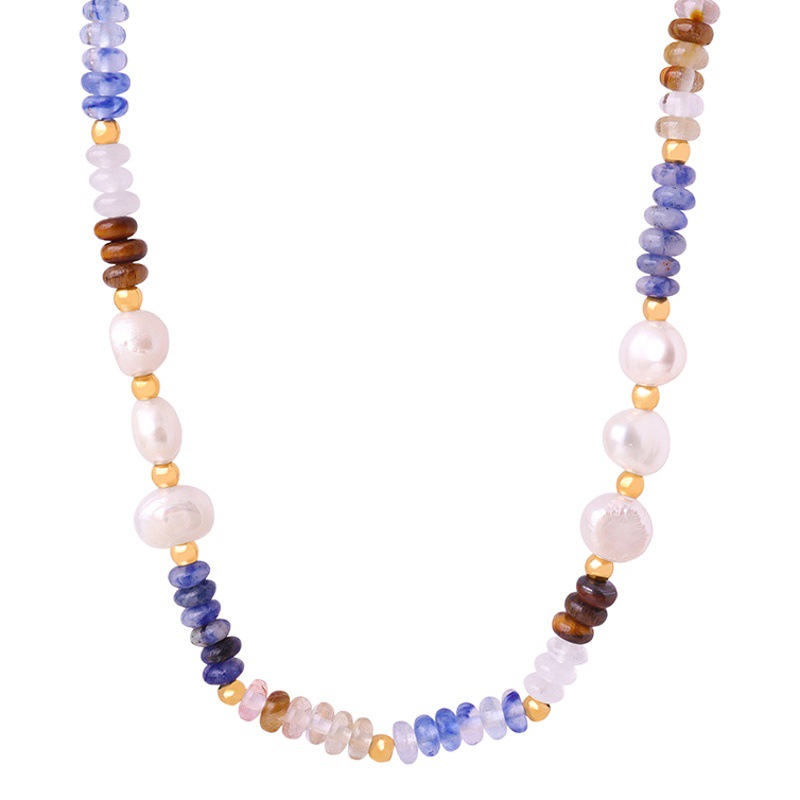 Cuentas de piedra natural perlas agua dulce hecho a mano collar acero titanio versátil personalidad colorido dulce chica temperamento joyería para las mujeres
