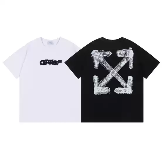 2025 Spring/Summer New OW Distorted Logo Arrow Crew Neck Pullover Short Sleeve Unisex Bulk Wholesale