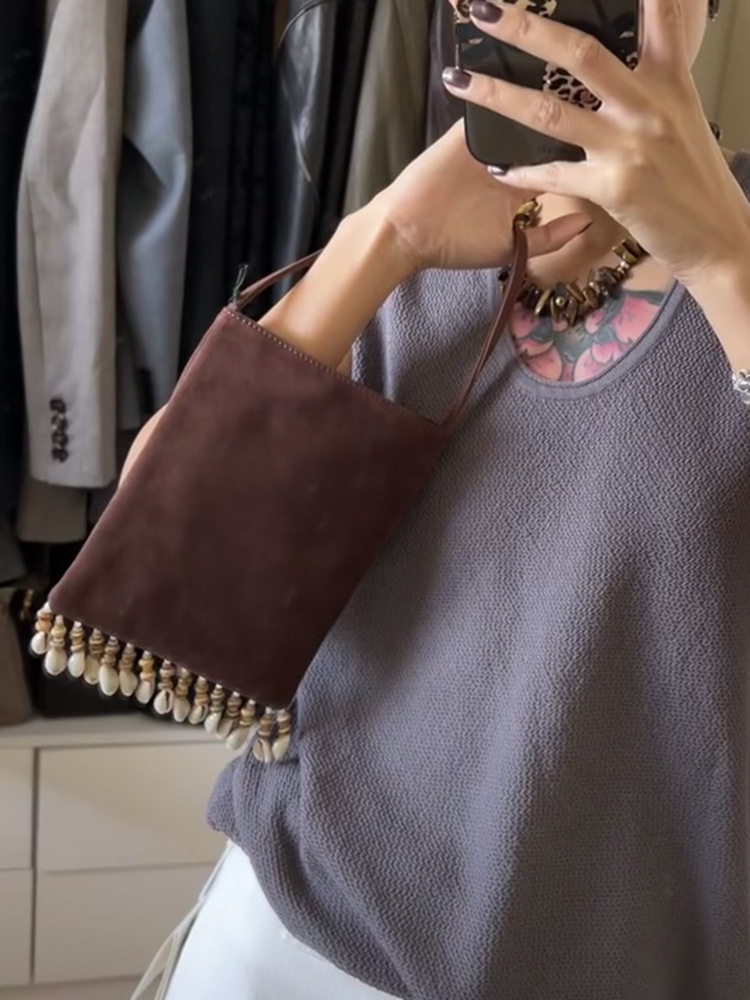 Sac à main en cuir de vachette véritable mat avec perles pour femme, nouvelle collection automne/hiver 2024_voghion.com