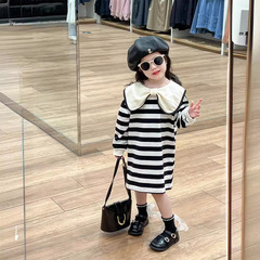韓國童裝2024女童春秋蝴蝶結大翻領條紋針織長袖公主連衣裙時髦裙